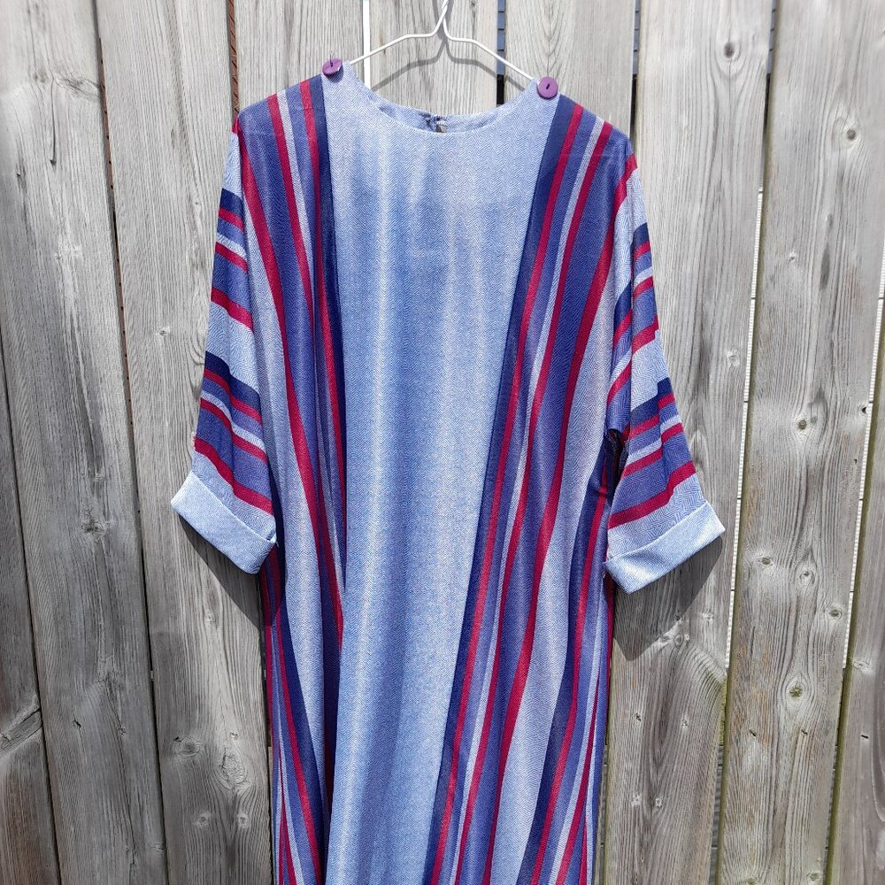 Vintage 70s Tunic Dress Kaftan 45"B Blue Red Stripes Dolman Sleeves